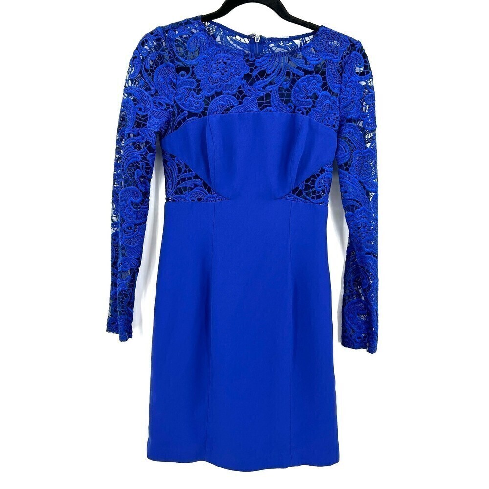 ML Monique Lhuillier Blue Lace Long Sleeve Bodycon Mini Dress Size 2